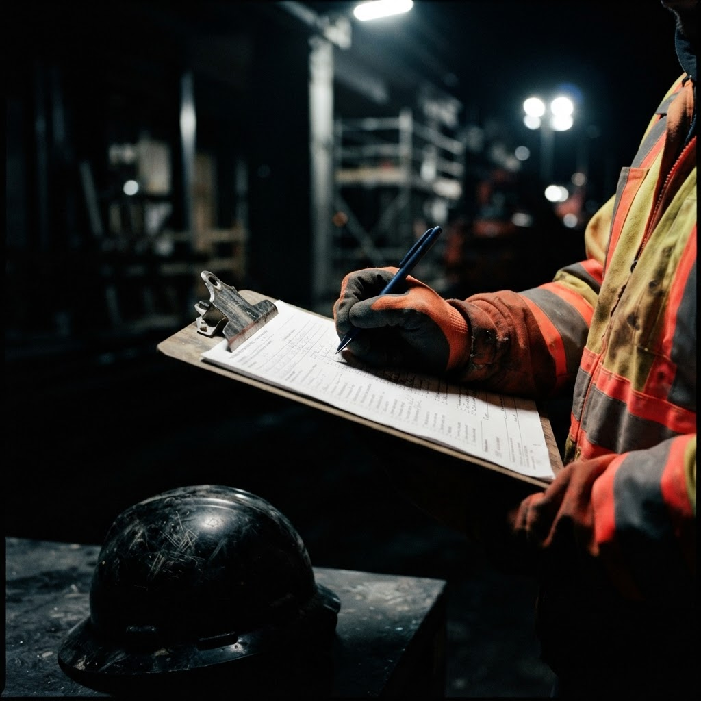 Incident report on a jobsite clipboard at night